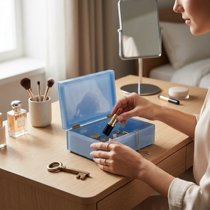 Boîte de rangement moderne de luxe en verre bleu avec décoration de clé squelette dorée |   Élégante boîte de rangement décorative pour la maison et le bureau - Product Image 3