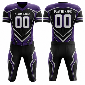 Ensemble de maillots de football américain sublimés personnalisés pour hommes, col en V, manches courtes, anti-transpiration, ajusté, violet - Product Image 1
