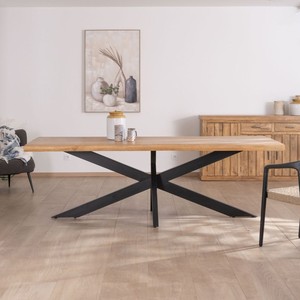 Vandana Ivory Matter 200cm <b>dining</b> <b>table</b> with mango wood <b>top</b> and natural edges Presolino metal cross legs - Product Image 2