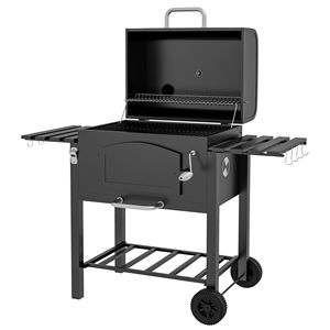 Black Charcoal <b>BBQ</b> <b>Grill</b> Adjustable Height Folding Shelves Thermometer Wheels Porcelain Steel Rotisserie for Smoked Barbeque - Product Image 1