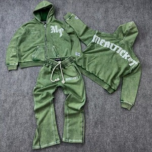 Ensemble de survêtement vintage unisexe 2 pièces à capuche, couleur unie, imprimé personnalisé, délavé à l'acide, coupe oversize, épais et respirant pour homme - Product Image 6