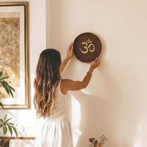 Om Metal <b>Decorative</b> Plaque Coffee Brown Gold 8.4 Inch <b>Wall</b> <b>Plate</b> <b>for</b> Home Yoga Space - Product Image 3