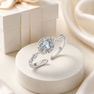 S925 Sterling <b>Silver</b> Blue CZ Flower <b>Ring</b> <b>Adjustable</b> Open Band for Women Fine Jewelry Wholesale - Product Image 5