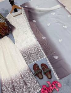 Salwar Kameez traditionnel blanc et violet brodé en coton pour femme, coupe ample, longueur au sol, tenue décontractée, style Inde Pakistan - Product Image 4
