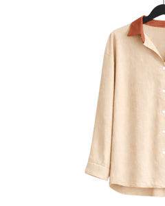 Conjunto de pijama de lino y algodón para mujer, color beige y rojo óxido, camisa con botones y bolsillo en el pecho y pantalones con cordón, ropa de dormir informal - Product Image 3