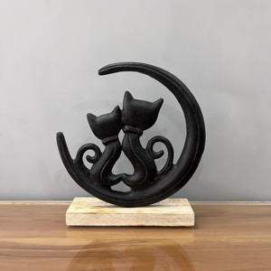 Adorno Temático de Gato y Luna en Aluminio y Madera de Diseño Artesanal con Base de Madera Negra para Decoración de Mesa Moderna en el Hogar - Product Image 4
