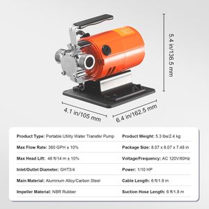 Pompa di Trasferimento Acqua Elettrica Portatile 120V AC 360 GPH con Kit Tubo di Aspirazione da 6 Piedi, 1/10 HP, con Spazzole in Carbonio e Impeller - Product Image 4