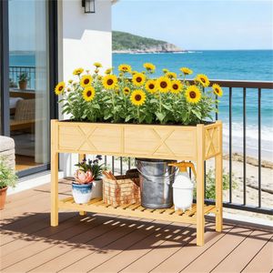 Fioriera Rialzata in Legno Naturale con Vaso per Piante, per Uso Esterno o Interno - Product Image 1