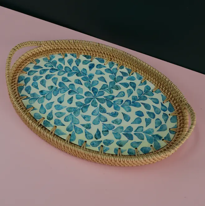 Wholesale VIETNAMESE RATTAN BLUE MOSAIC RATTAN OVAL TRAY Made for home decor