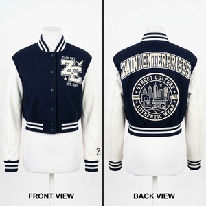 <b>Women</b> Crop Top Varsity <b>Jacket</b> Soft Wool Blend 350 GSM Navy Body <b>White</b> PU Leather Sleeves Rib Knit Trim Custom Embroidered Logo - Product Image 1