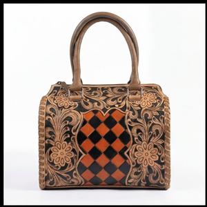 2026 New Luxury Genuine Leather Orange And <b>Black</b> Checkered Floral Carved Pattern Zipper Closure Durable Design Speedy Duffle <b>Bag</b> - Product Image 1