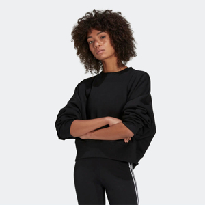 Relaxed Fit Yarn Dyed Ribbed Crewneck 100% Cotton <b>Fleece</b> Ribbed Cuffs Hem Midnight <b>Black</b> Crop Sweatshirt - Product Image 1