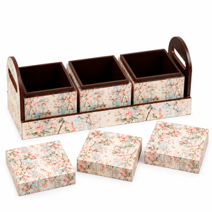 Handcrafted Bohemian Floral Printed Wooden Multifunctional Jewelry Organizer with <b>3</b> <b>Storage</b> Boxes & Decorative Stand - Product Image 2