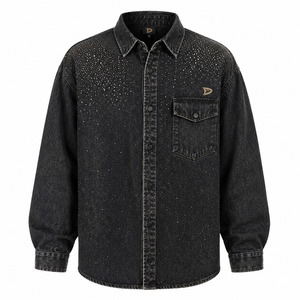 Camisa de Mezclilla Negra Lavada con Cristales Brillantes, Corte Holgado, Estilo Retro de los 90, Unisex, con Botones - Product Image 3
