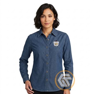 เสื้อเชิ้ตผู้หญิง ODM แขนยาวแบบแร็กแลน ปกคอปกติ สไตล์ลำลอง สำหรับชมรม SIGMA GAMMA RHO ผลิตจากผ้าฝ้าย 100% ผ้ายีนส์ - Product Image 2