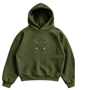 Olive <b>Green</b> Spider Graphic Pullover Hoodie Oversized <b>Cropped</b> Fit Streetwear Sweatshirt <b>Long</b> <b>Sleeve</b> Hooded <b>Top</b> Wholesale Apparel - Product Image 1