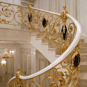 Luxury Gold White Curved Staircase <b>Railing</b> Ornate Scroll Balustrade with Black Medallions for Villa Mansion Decor - Product Image 3