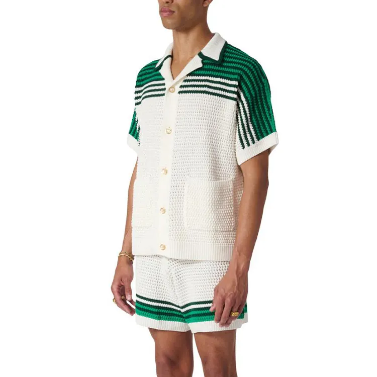 Moda personalizzata Cardigan maglieria da uomo in cotone verde e bianco con tasche Shorts a maniche corte camicia da uomo lavorata a maglia