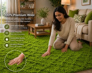 Tapis en laine verte, tapis tufté à la main à poils coupés |   Tapis en peluche style herbe |   Tapis de salon moderne |   Tapis doux fait main antidérapant MOQ-1 - Product Image 3