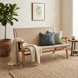 Banc d'appoint deux places en rotin tressé et bois massif, structure en teck naturel, canapé moderne pour salon - Product Image 5