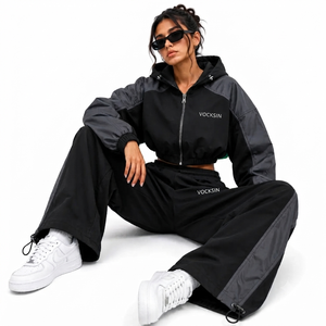 Vocksin <b>Women's</b> Black Charcoal Cropped Hooded Windbreaker Tracksuit Waterproof Zipper <b>Jacket</b> Fleece Lining High Street Style - Product Image 2