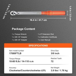 3/8-Inch Drive Dual-Direction Adjustable <b>Torque</b> Wrench <b>Set</b> 10-80ft.lb/14-110n.m Click <b>Torque</b> Wrench for Mechanical Use - Product Image 2