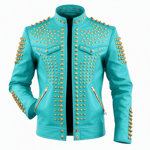 Blouson de moto en cuir gris pour homme, col montant, fermeture éclair, décoration rivets, coupe classique, style motard - Product Image 6