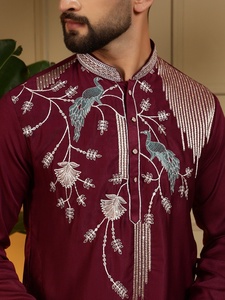 <b>Men</b> Maroon Embroidered <b>Kurta</b> With White Pyjama Regular Fit Traditional Indian Pakistani Wedding Wear Knee-Length - Product Image 6
