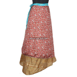 New Design Two Layered Reversible Silk Sari Magic Long <b>Wrap</b> <b>Skirts</b> Boho Stylish Multi Color Summer Wear Comfortable Fashion - Product Image 6