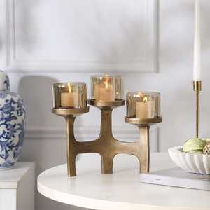 Modern Aura Aluminium Triple Candle <b>Stand</b> with <b>Glass</b> <b>Holders</b> for Home Decoration - Product Image 1