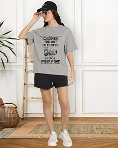 T-shirt ample pour femme avec imprimé artistique café, col rond, coupe décontractée, manches courtes, 100 % coton, printemps-été, tenue décontractée - Product Image 2