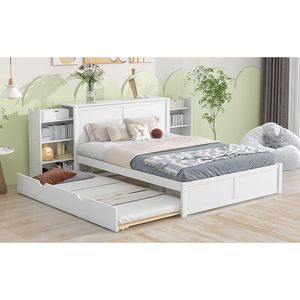 Letto matrimoniale imbottito con contenitore, ripiani estraibili e letto estraibile singolo XL, bianco, per camera da letto - Product Image 4