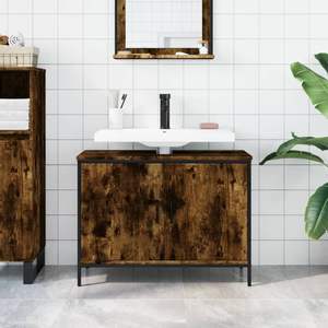 Meuble sous-vasque en bois d'ingénierie chêne fumé avec vasque en acier thermolaqué pour votre salle de bain moderne - Product Image 3