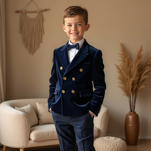 Costume de smoking bleu marine à double boutonnage pour garçons |   Costume de mariage pour enfants |   Ensemble de blazer formel pour porteur d'alliances |   Sur mesure - Product Image 2