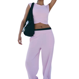 Conjunto Deportivo de 2 Piezas para Mujer, Color Rosa, Top Corto sin Mangas con Dobladillo Cruzado, Pantalones Largos de Cintura Alta, Transpirables, Tejidos, para Entrenamiento - Product Image 1
