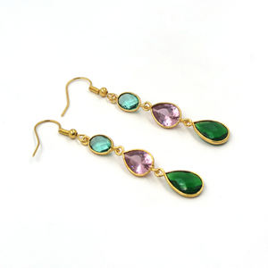 Pendientes Colgantes Bohemios con Flores y Piedras Preciosas Variadas |   Apatita, Cuarzo Rosa, Cuarzo Esmeralda, Corte Checker, Latón Chapado en Oro de 18K - Product Image 2