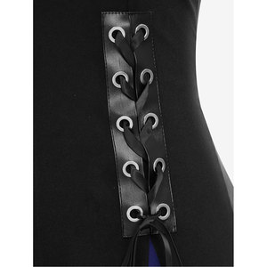 Manteau long à capuche pour femme grande taille, style gothique, en similicuir PU, avec fermeture éclair, lacets, œillets et rayures bicolores - Product Image 5