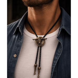 Horn Valor Retro Alloy Pendant Bolo Tie-Adjustable Genuine Leather Cowboy Necktie with Natural Stone for Men & Boys - Product Image 1