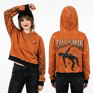 Sudadera Corta Bicolor Naranja y Negra para Mujer con Estampado Gráfico de Hojas de Otoño, Ribete en Contraste y Efecto Desgastado, Estilo Urbano, Proveedor - Product Image 1