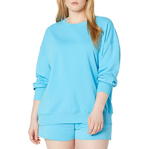 Ensemble décontracté deux pièces pour femme : sweat-shirt oversize bleu ciel et short, avec logo personnalisé, en molleton de coton à col ras du cou - Product Image 1