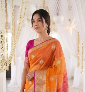 Sari en soie orange AARA Fashion avec bordure rose et travail Zari doré, protection solaire, tenue de mariage, sari indien traditionnel pour femme, longueur au sol - Product Image 5