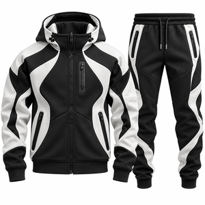 <b>Men's</b> Black <b>White</b> Color Blocking Hooded Tracksuit Full Zipper Sporty <b>Joggers</b> Set Breathable Polyester Cotton Autumn Wear - Product Image 1