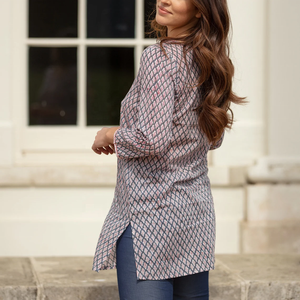 VENTE Haut long KURTA Style 2 Gris et rouille avec motif blanc 100% léger Col en V Manches longues Haut pour femmes - Product Image 3