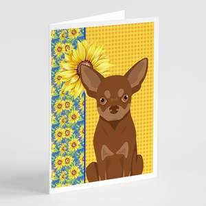 Summer Sunflowers Chocolate Tan Chihuahua Cartes de vœux Pack de 8 cartes vierges avec enveloppes A7 Taille 5x7 Design fantaisiste - Product Image 1