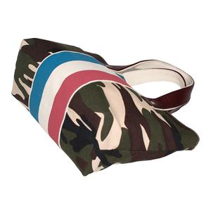 Asa de cuero genuino con interior 12 OZ Lona natural Rayas impresas Forrado Poly Viscosa Mezcla Camflauge Imprimir Tela Tote Bag - Product Image 3