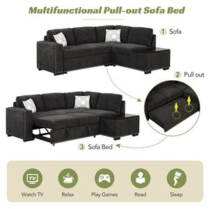 Divano letto componibile a L da 213 cm con porta USB, prese di corrente, portabicchieri e chaise longue contenitore - Livi - Product Image 4
