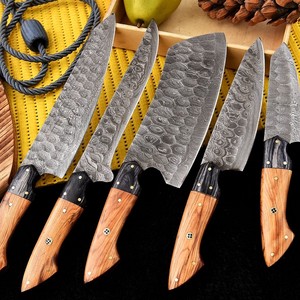 Custom Handmade Five-Piece Ambidextrous Chef <b>Set</b> Straight Edge <b>Sharp</b> 33-Layer Damascus Steel Blades Wooden Handle Leather - Product Image 3