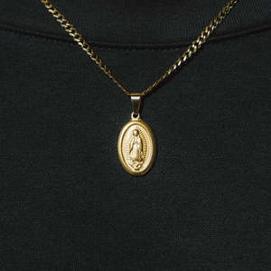 Virgin Mary Oval Pendant <b>Necklace</b> | Gold Plated Religious Medallion <b>Necklace</b> | Stainless Steel <b>Catholic</b> Jewelry - Product Image 1
