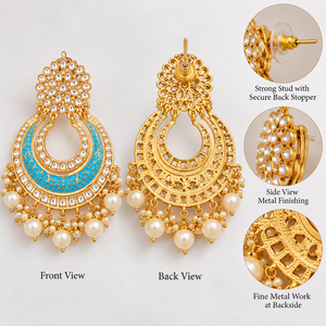 Boucles d'oreilles pendantes ethniques indiennes Kundan, imitation rhodium, zircon, perles d'imitation, bijoux de mariée, vente en gros - Product Image 5