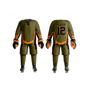 Custom Ice Hockey Uniform Set Olive Green <b>Orange</b> Sublimation Printed Jersey Gloves <b>Socks</b> Pants Full Kit OEM Wholesale - Product Image 1